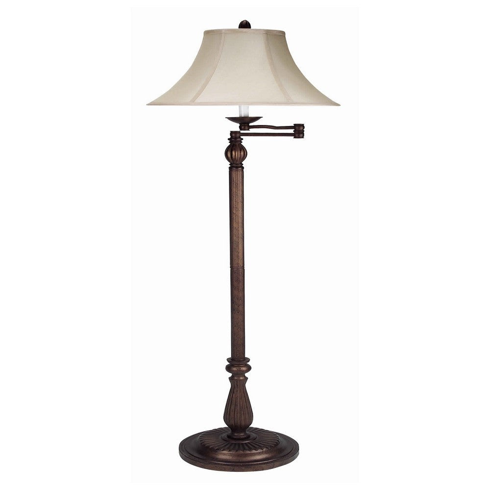 Swing Arm Metal Body Floor Lamp with Fabric Bell Shade, Bronze and Beige By Casagear Home