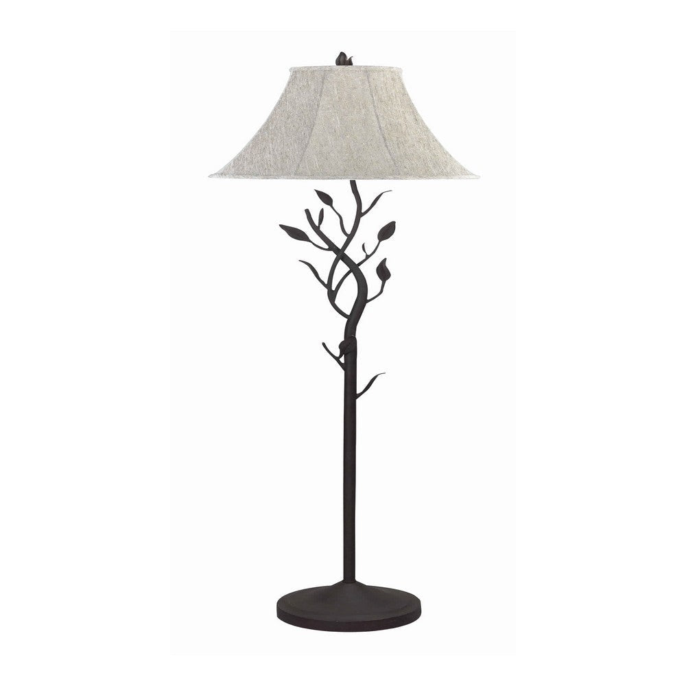 Metal Floor Lamp with Leaf Accent Body and Fabric Bell Shade,Black and Gray By Casagear Home