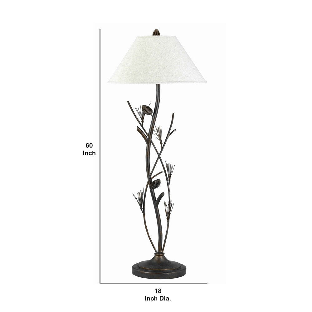 Pine Twig Accent Metal Body Floor Lamp with Conical Shade Bronze and White By Casagear Home BM223583