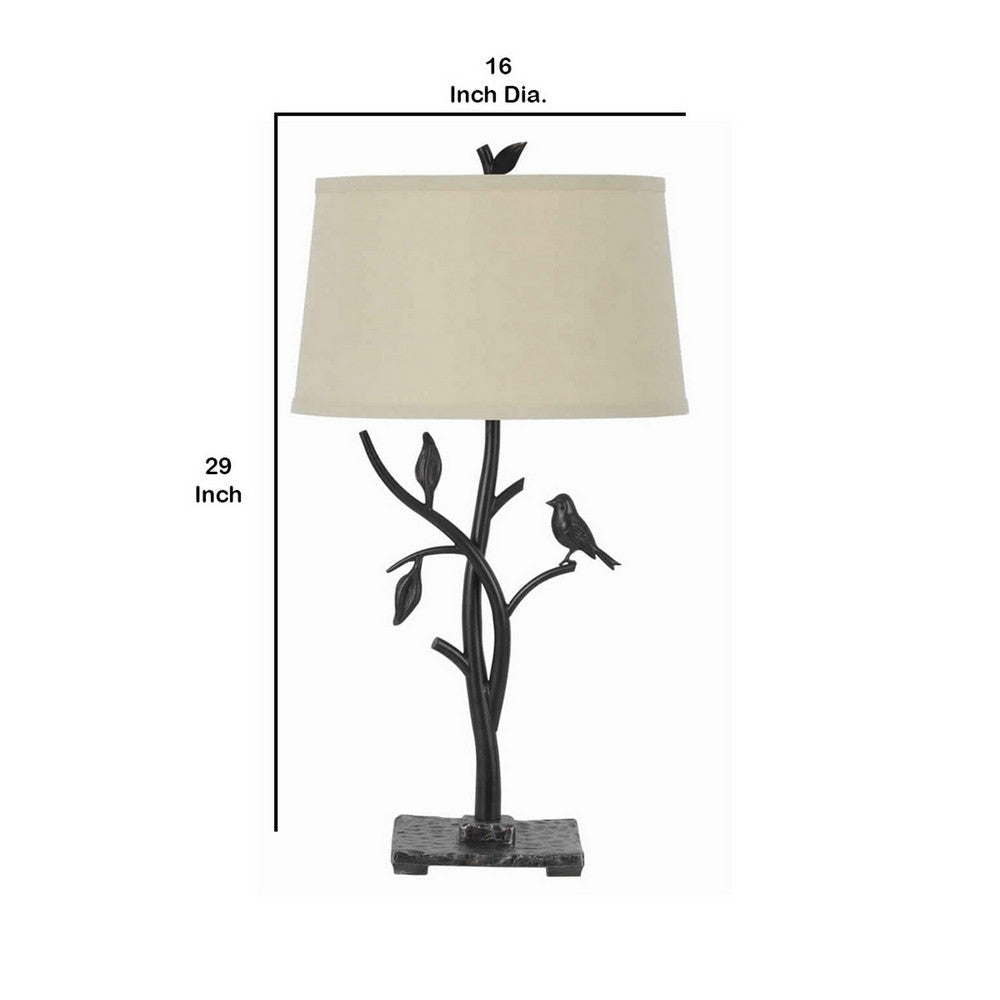 Metal Tree and Bird Body Table Lamp with Tapered Shade Black and Beige By Casagear Home BM223612