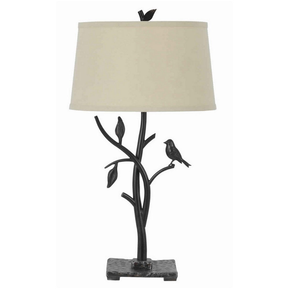 Metal Tree and Bird Body Table Lamp with Tapered Shade, Black and Beige By Casagear Home