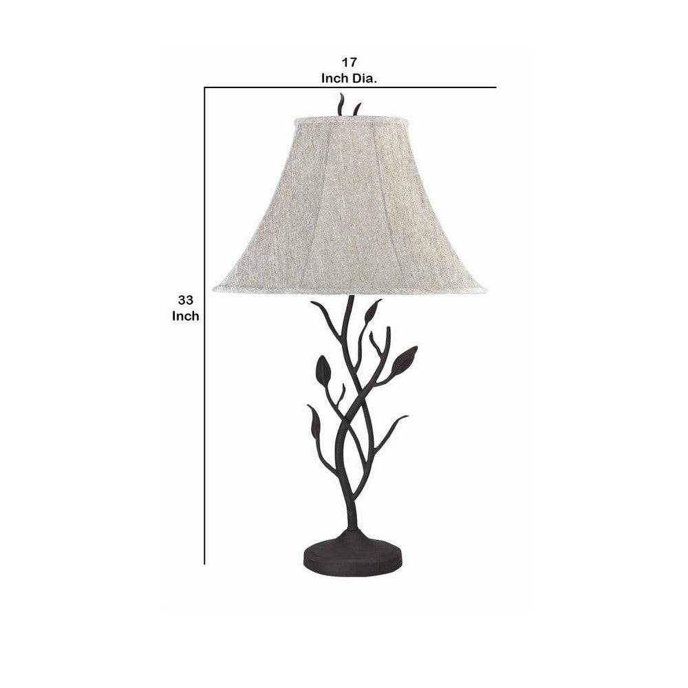 Metal Table Lamp with Leaf Accent Body and Fabric Bell Shade,Black and Gray By Casagear Home BM223614