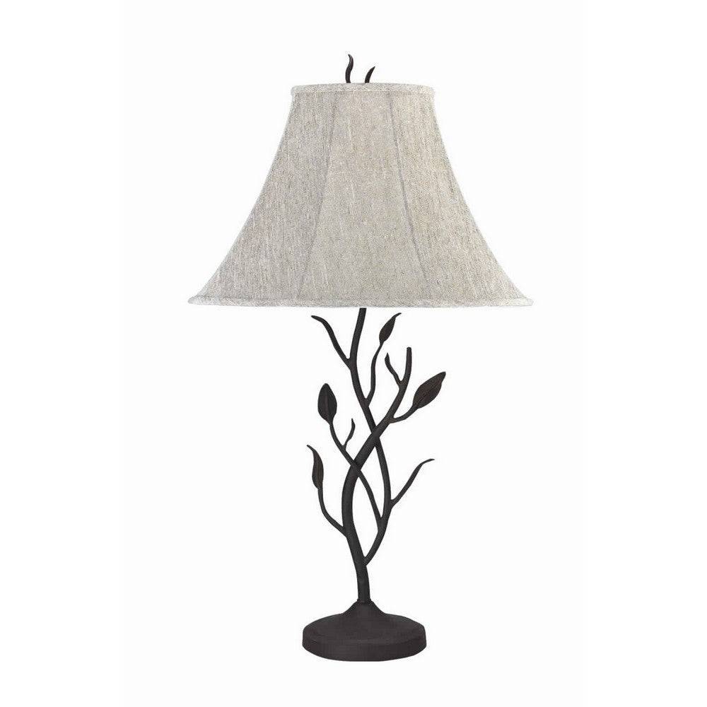 Metal Table Lamp with Leaf Accent Body and Fabric Bell Shade,Black and Gray By Casagear Home