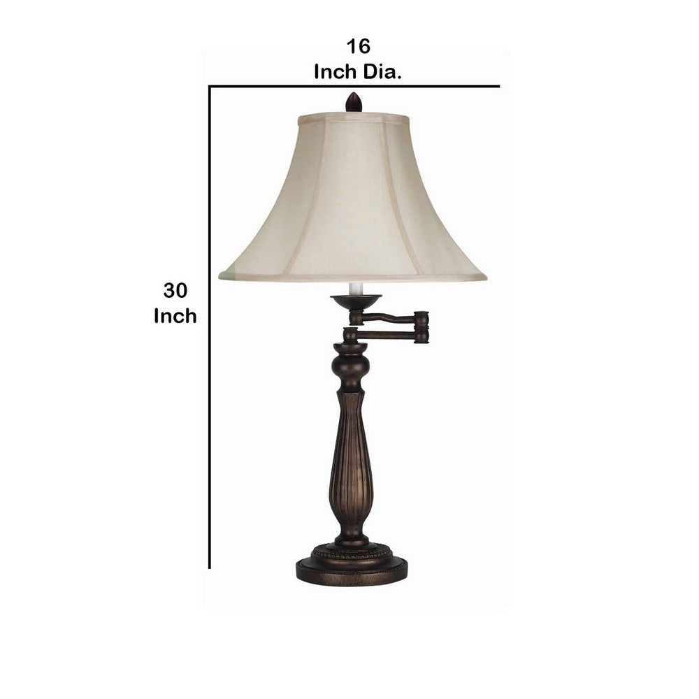 Swing Arm Metal Body Table Lamp with Fabric Bell Shade Bronze and Beige By Casagear Home BM223619