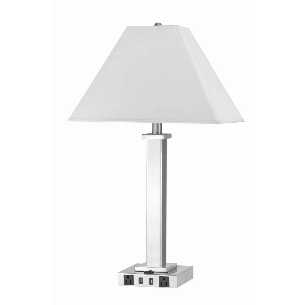 Trapezoid Shade Table Lamp with Metal Base and 2 USB Ports,White and Chrome By Casagear Home