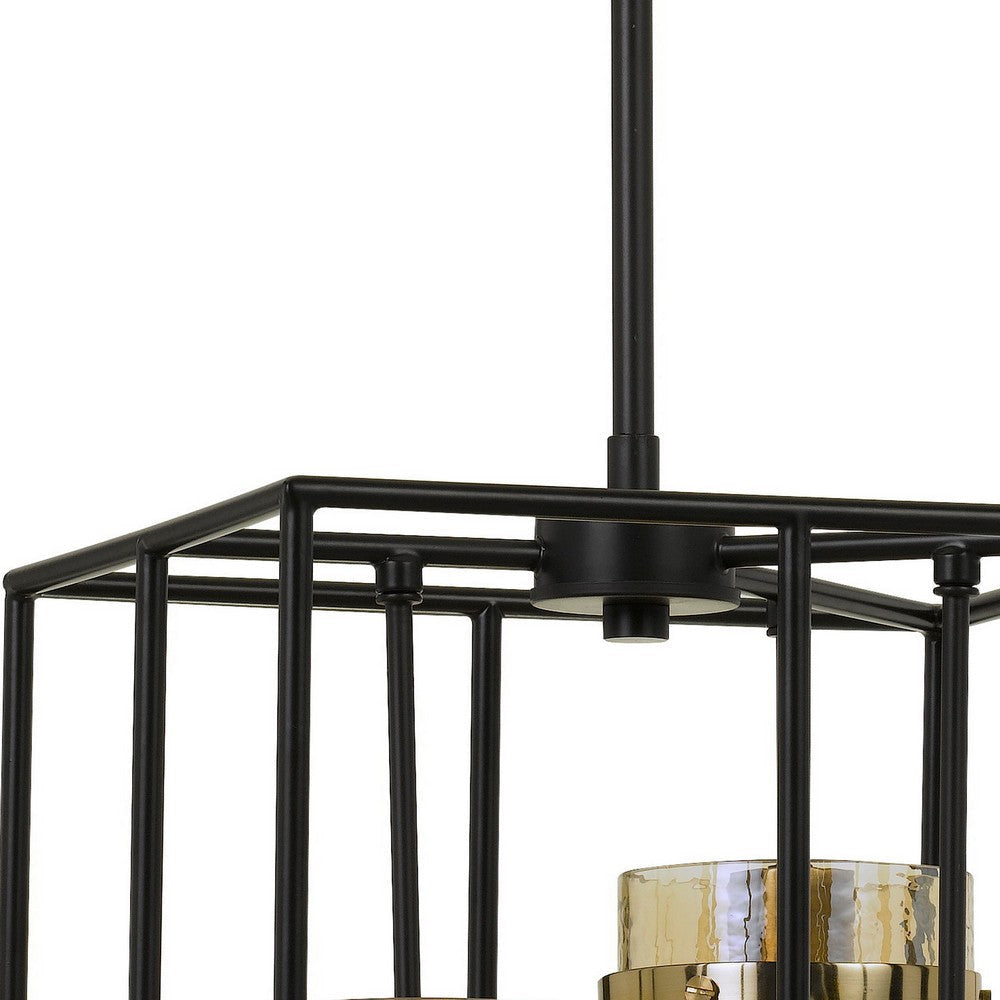 Rectangular Open Cage Design Pendant with Cylindrical Glass Shade Black By Casagear Home BM224818