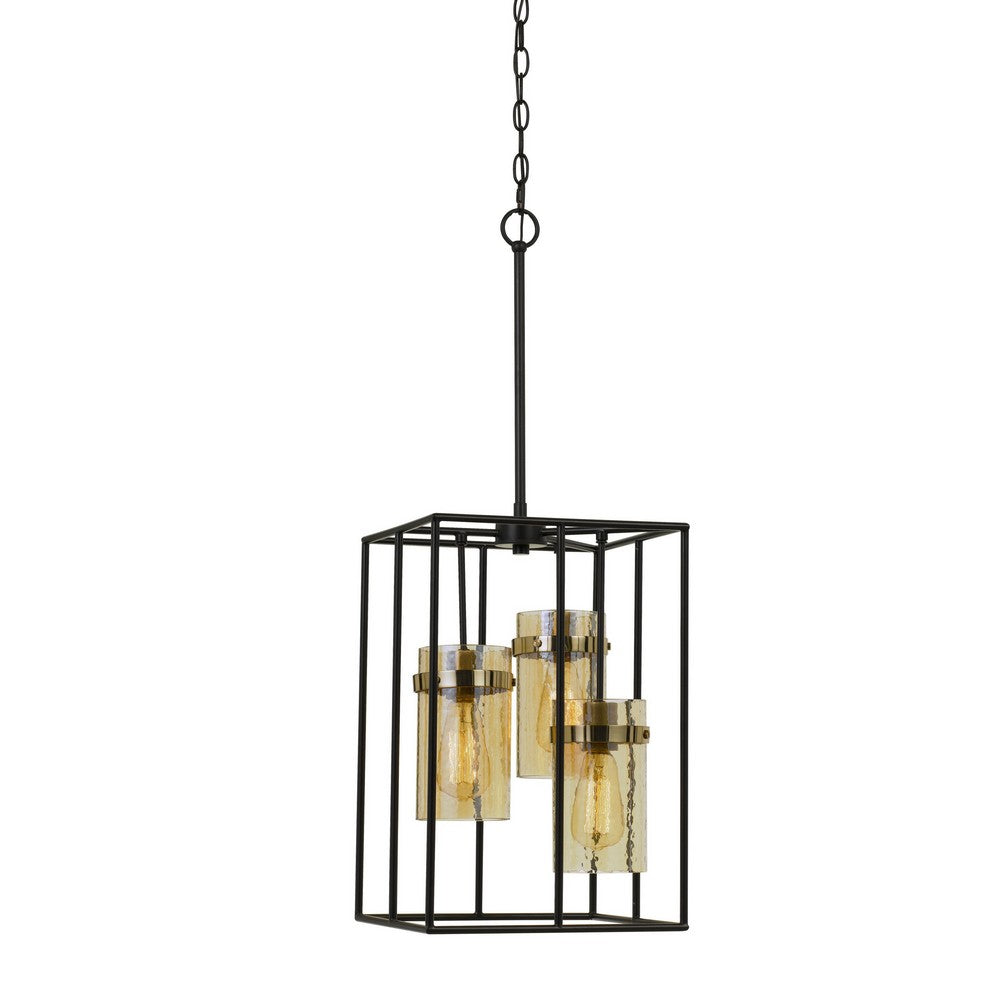 Rectangular Open Cage Design Pendant with Cylindrical Glass Shade Black By Casagear Home BM224818