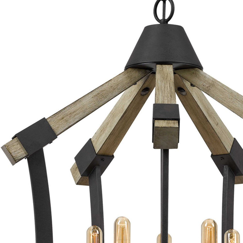 5 Bulb Pendant Fixture with Wooden and Metal Frame Brown and Black By Casagear Home BM224958