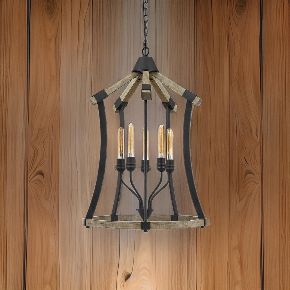 5 Bulb Pendant Fixture with Wooden and Metal Frame, Brown and Black By Casagear Home