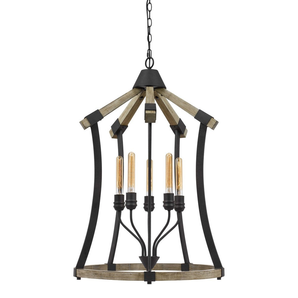 5 Bulb Pendant Fixture with Wooden and Metal Frame Brown and Black By Casagear Home BM224958