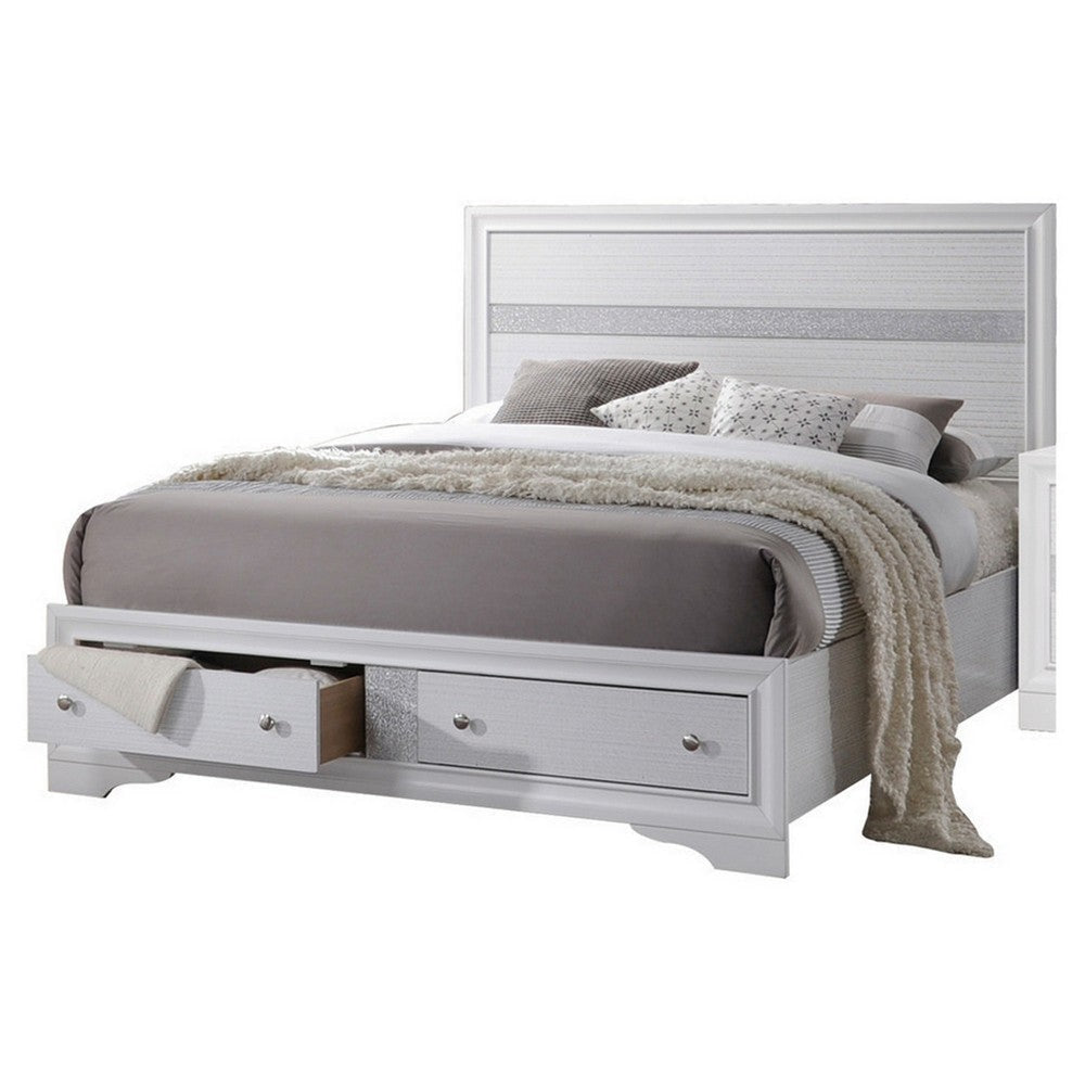 2 Drawer Wooden Eastern King Size Bed with Panel Headboard, White By Casagear Home