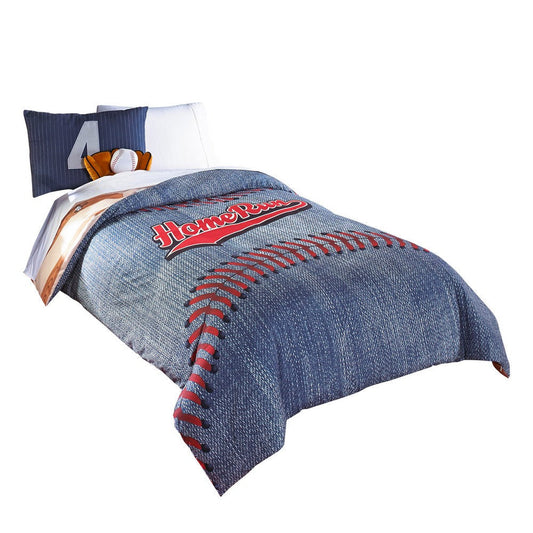 5 Piece Polyester Twin Comforter Set with Baseball Inspired Print, Blue By Casagear Home