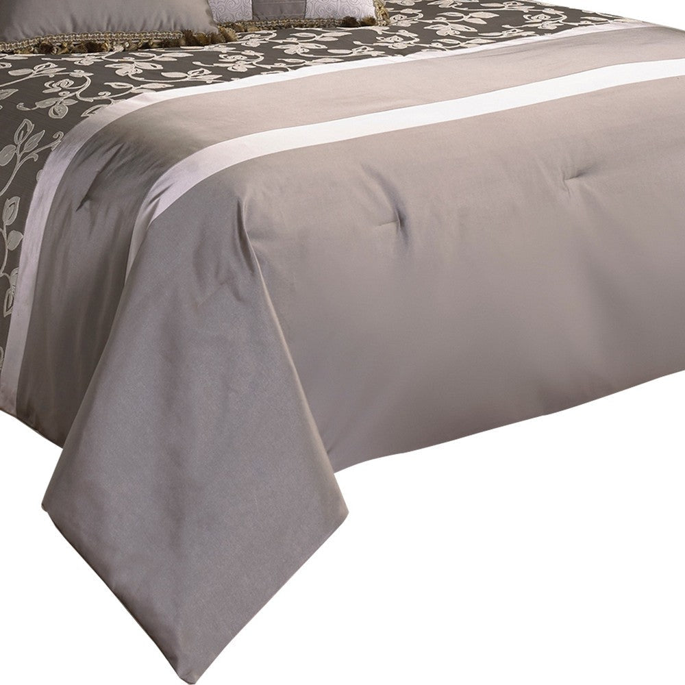 10 Piece King Polyester Comforter Set with Leaf Print Platinum Gray By Casagear Home BM225167