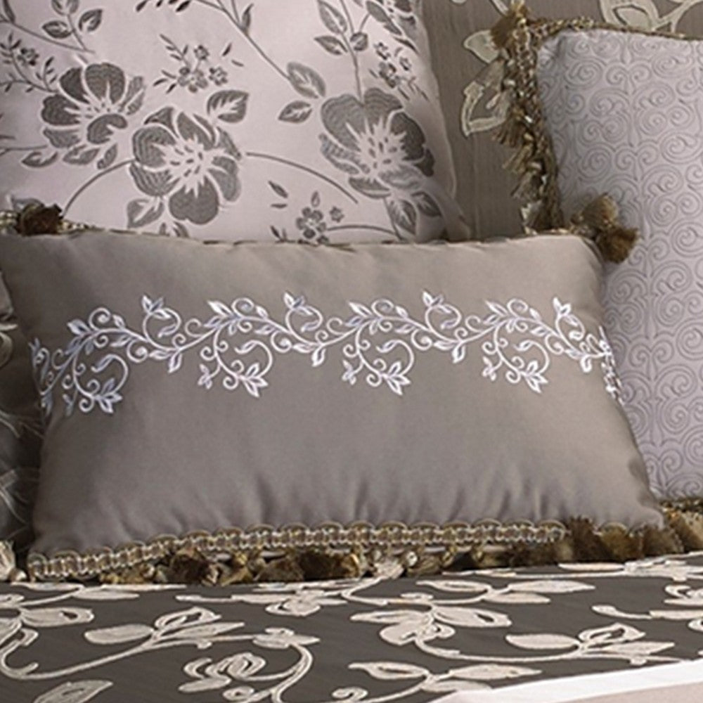 10 Piece King Polyester Comforter Set with Leaf Print Platinum Gray By Casagear Home BM225167