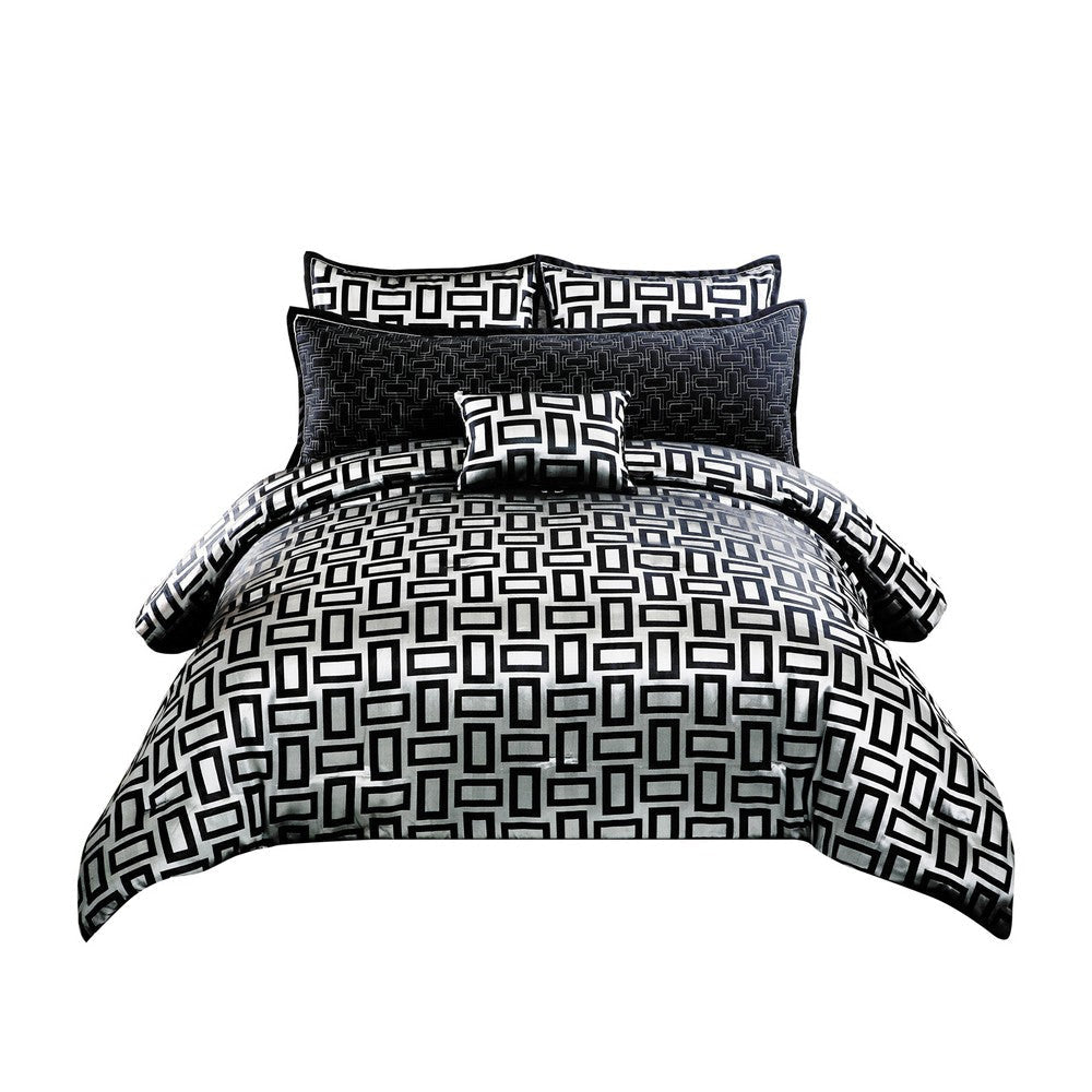 6 Piece Polyester Queen Comforter Set with Geometric Print, Gray and Black By Casagear Home