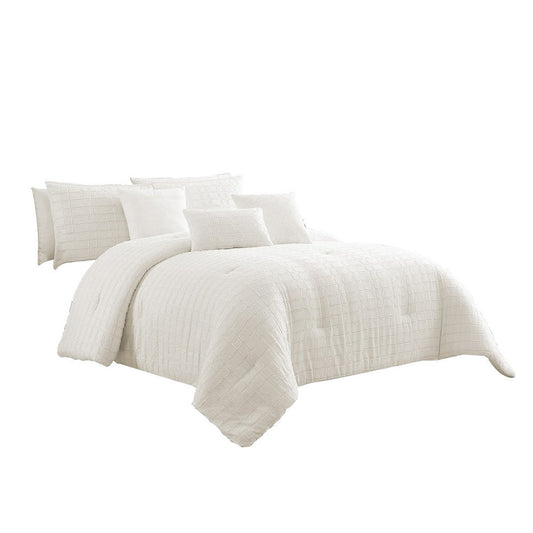 6 Piece Cotton King Comforter Set with Fringe Details, White By Casagear Home