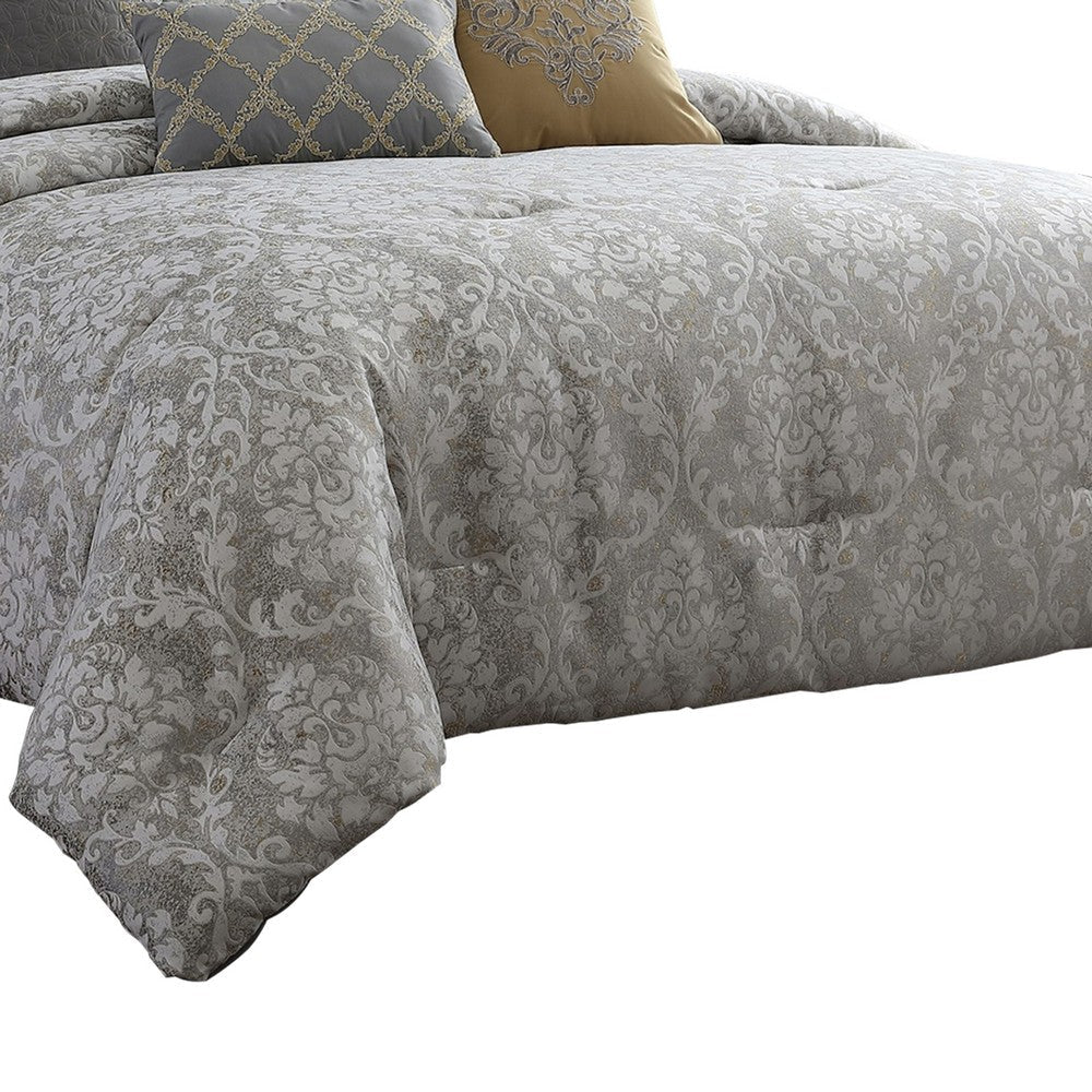 8 Piece Queen Polyester Comforter Set with Medallion Print Gray and Gold By Casagear Home BM225182