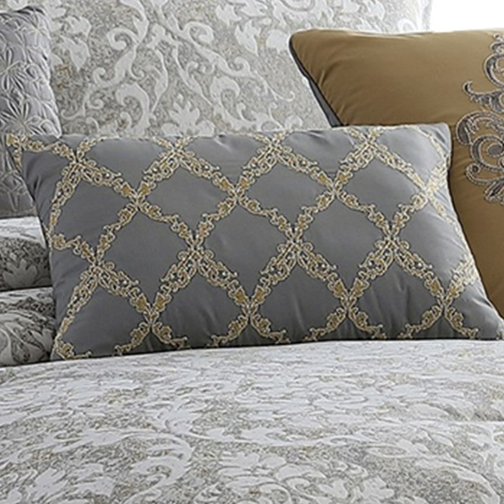 8 Piece Queen Polyester Comforter Set with Medallion Print Gray and Gold By Casagear Home BM225182