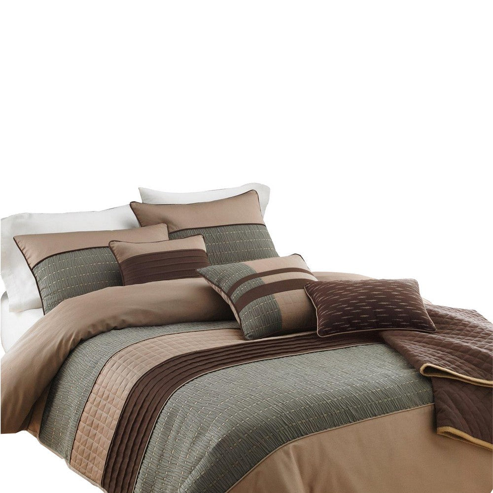 7 Piece Queen Comforter Set with Pleats and Texture, Gray and Brown By Casagear Home