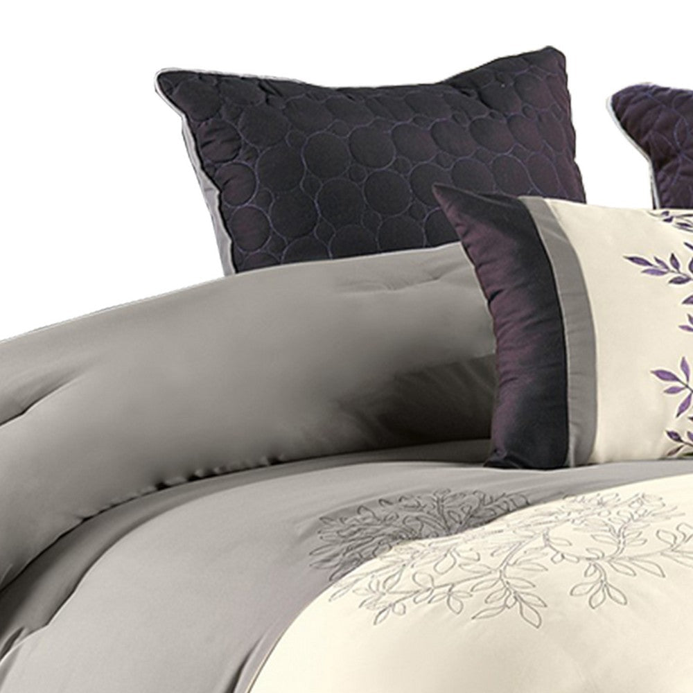 7 Piece Queen Polyester Comforter Set with Leaf Embroidery Gray and Purple By Casagear Home BM225190