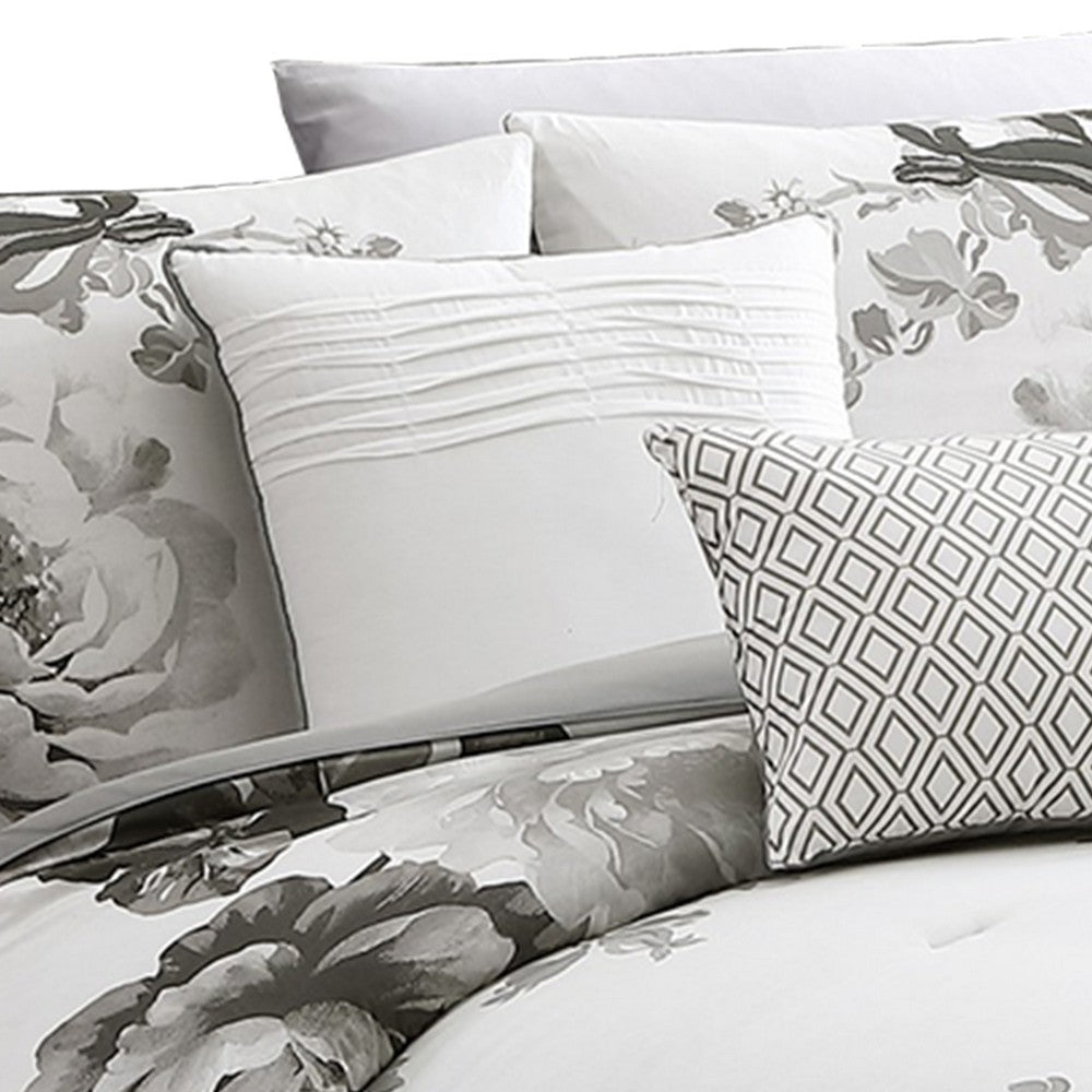 7 Piece Cotton Queen Comforter Set with Floral Print Gray and White By Casagear Home BM225192