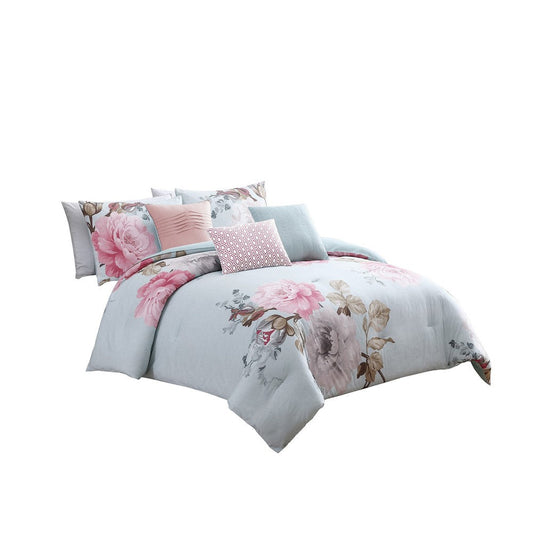 Queen Size 7 Piece Fabric Comforter Set with Floral Prints, Multicolor By Casagear Home