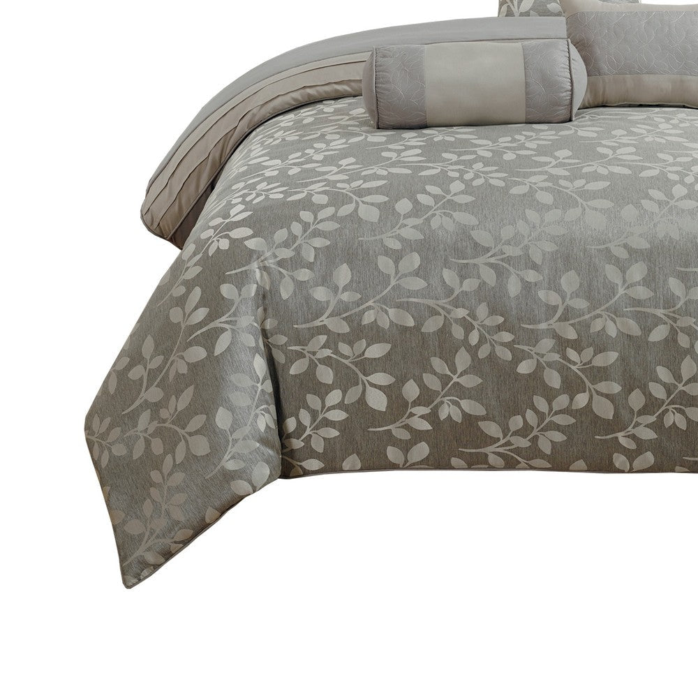 King Size 7 Piece Fabric Comforter Set with Leaf Prints Gray By Casagear Home BM225197