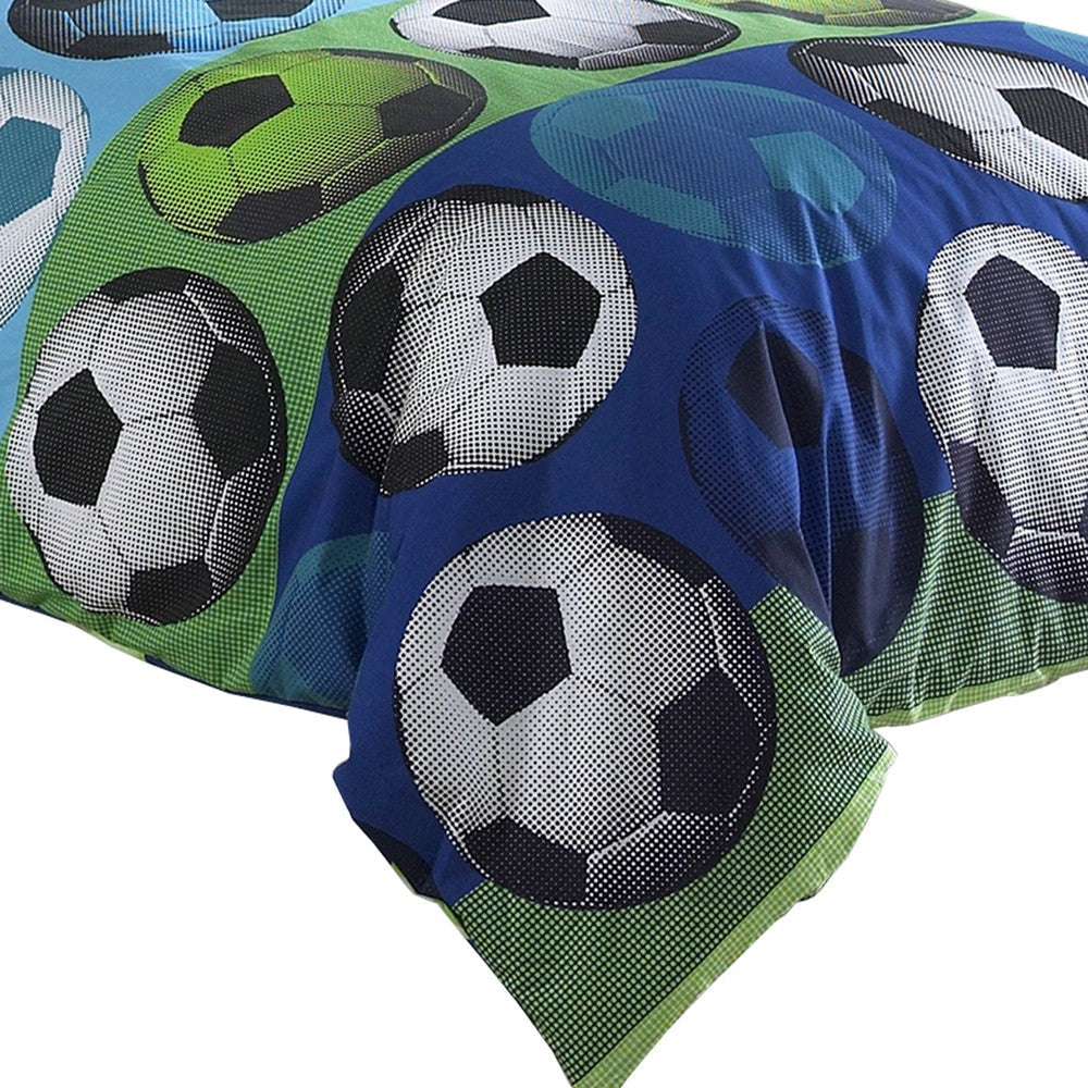 3 Piece Twin Size Comforter Set with Soccer Theme Multicolor By Casagear Home BM225199