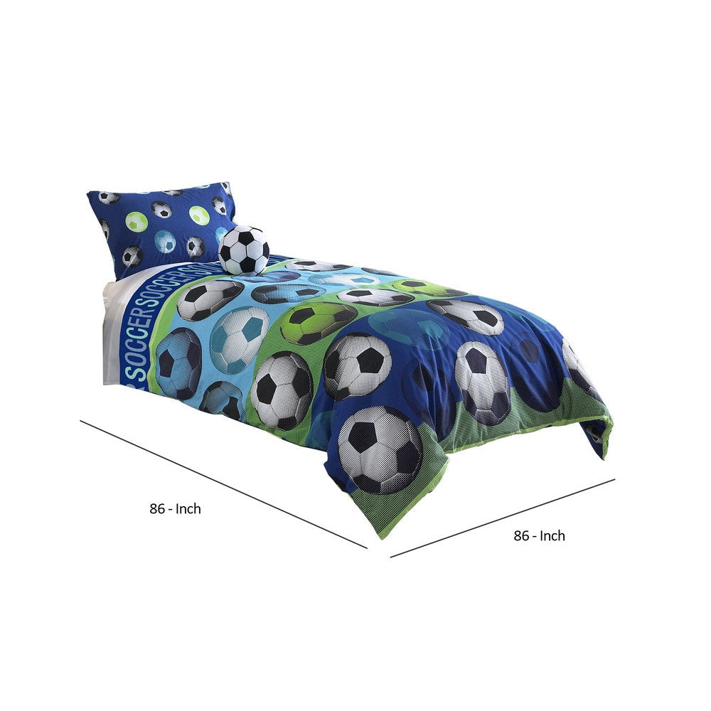 3 Piece Twin Size Comforter Set with Soccer Theme Multicolor By Casagear Home BM225199