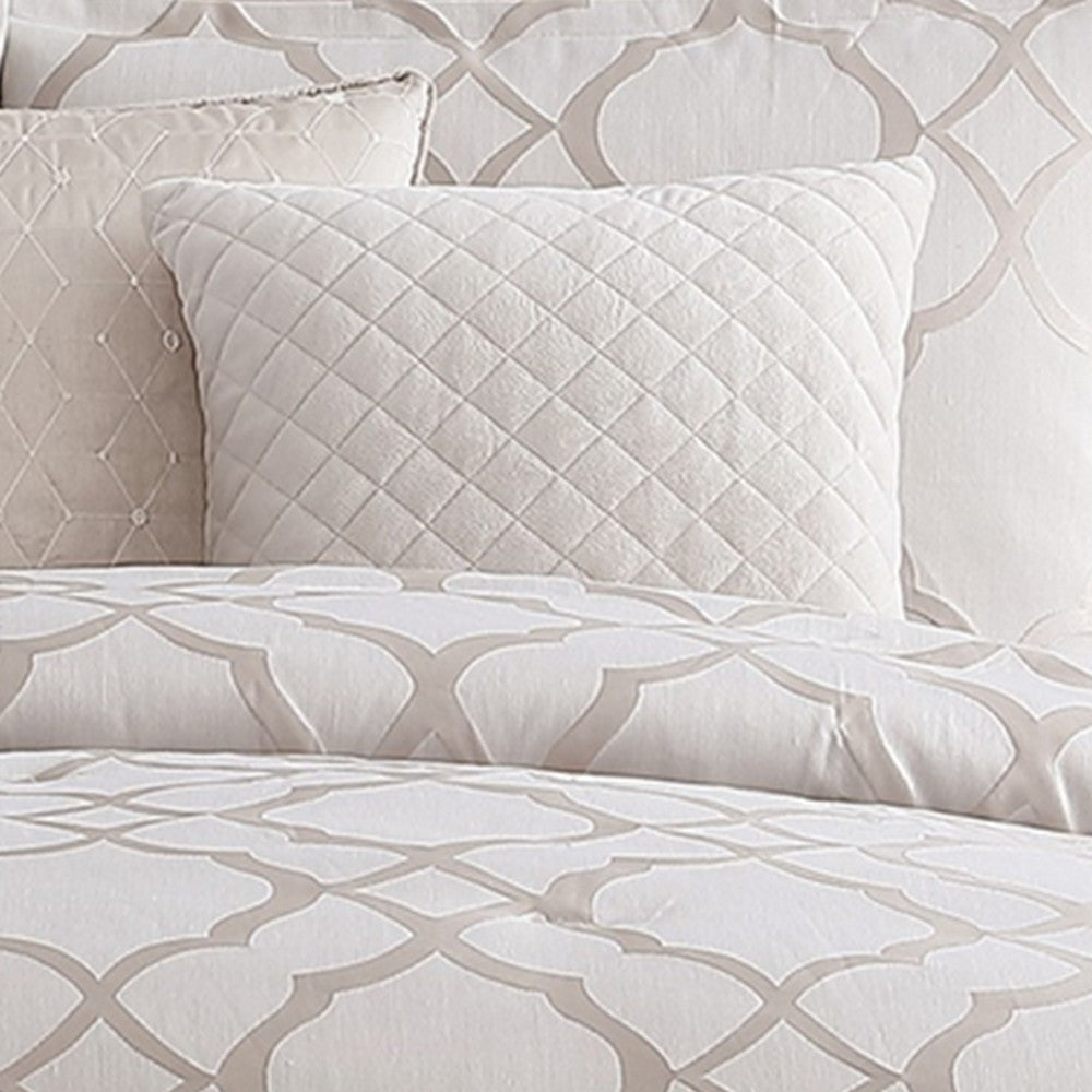 10 Piece King Size Fabric Comforter Set with Quatrefoil Prints White By Casagear Home BM225201