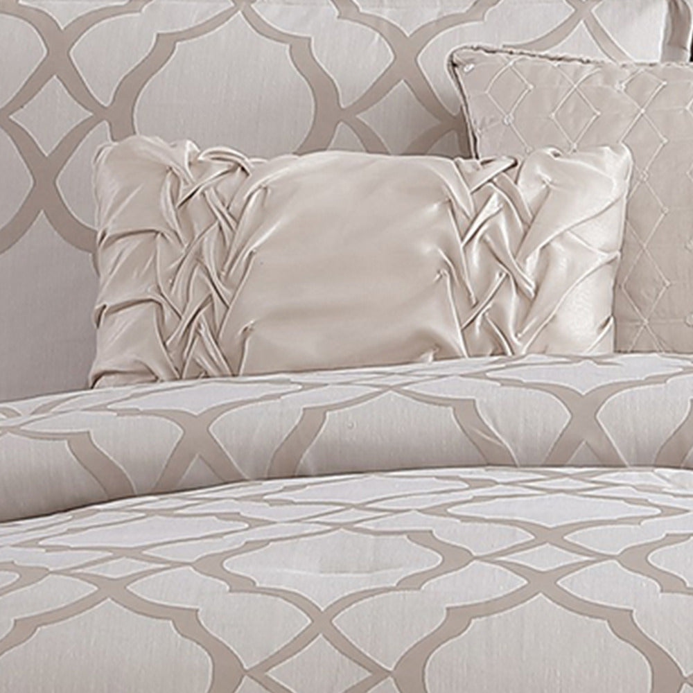 9pc Queen Size Comforter Set with Quatrefoil Prints White Polyester BM225202