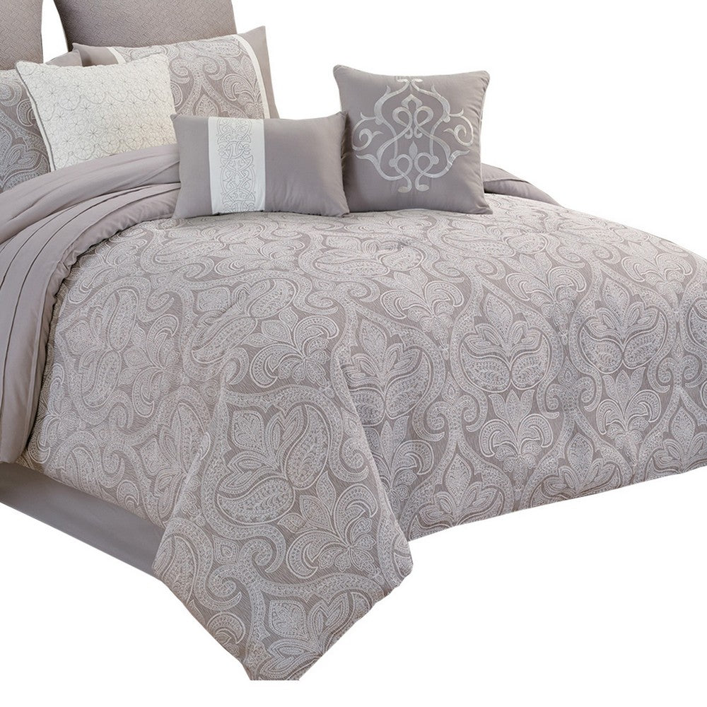 Queen Size 9 Piece Fabric Comforter Set with Medallion Prints White By Casagear Home BM225210