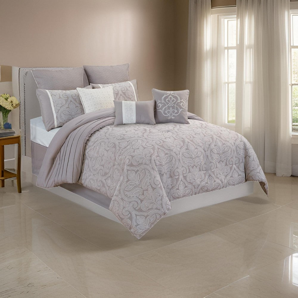 Queen Size 9 Piece Fabric Comforter Set with Medallion Prints, White By Casagear Home