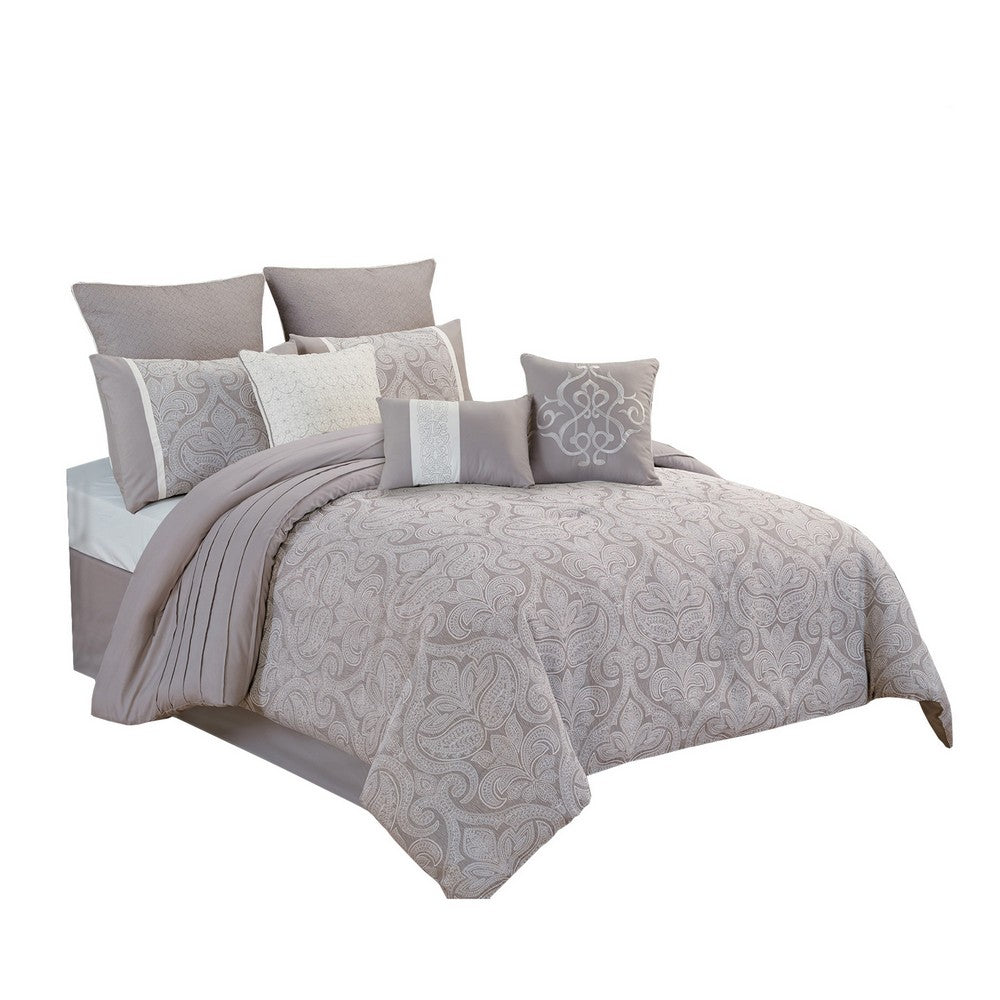 Queen Size 9 Piece Fabric Comforter Set with Medallion Prints White By Casagear Home BM225210