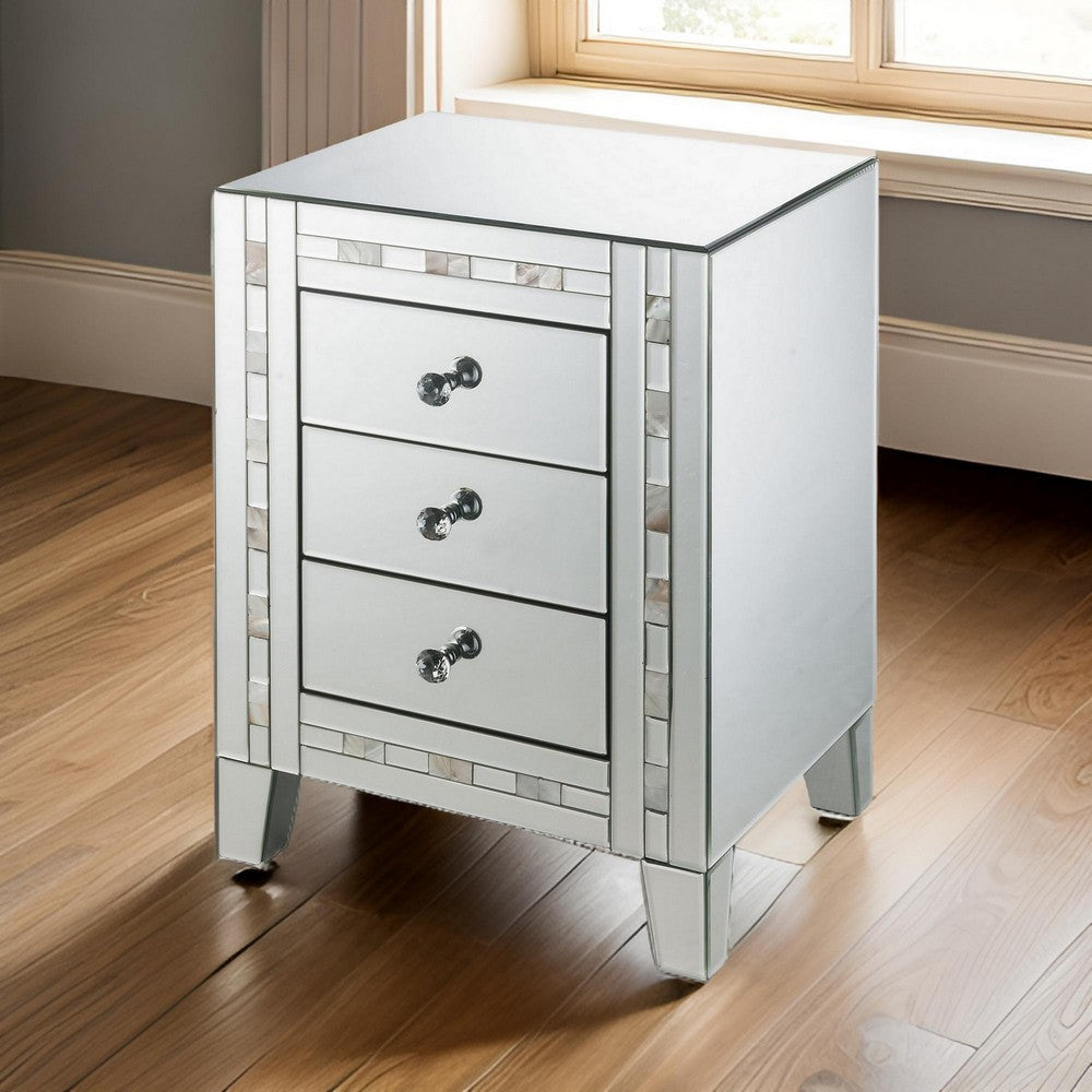 26" 3 Drawer Beveled Nightstand with Pearl Inlay, Silver By Casagear Home