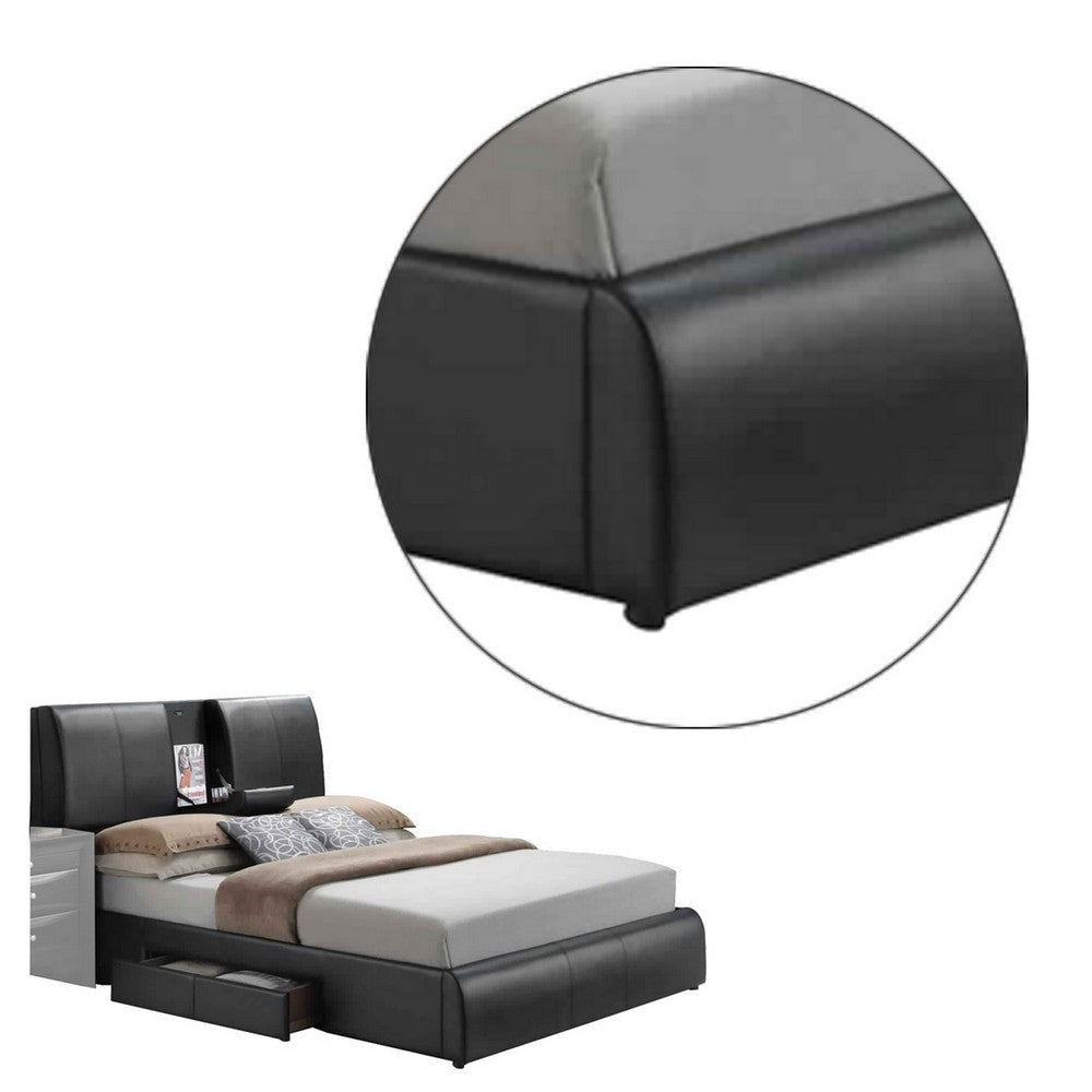 Faux Leather Eastern King Bed with Storage Headboard and Drop Tray Black By Casagear Home BM225708