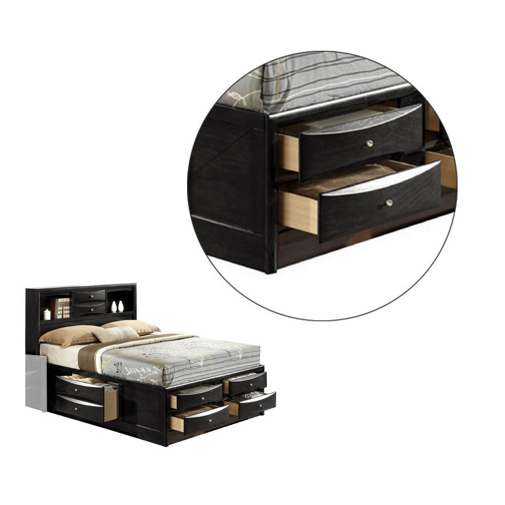 Panel Design Eastern King Size Bed with Bookcase and Drawers Black By Casagear Home BM225711