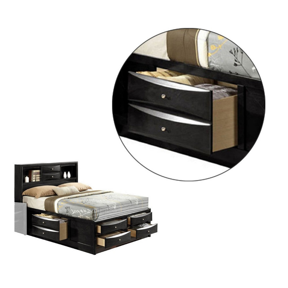 Panel Design Eastern King Size Bed with Bookcase and Drawers Black By Casagear Home BM225711