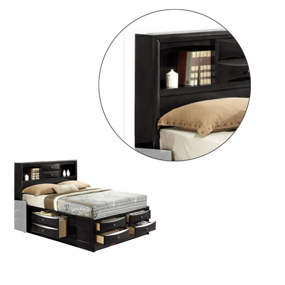 Panel Design Eastern King Size Bed with Bookcase and Drawers Black By Casagear Home BM225711