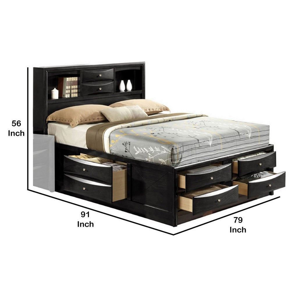 Panel Design Eastern King Size Bed with Bookcase and Drawers Black By Casagear Home BM225711