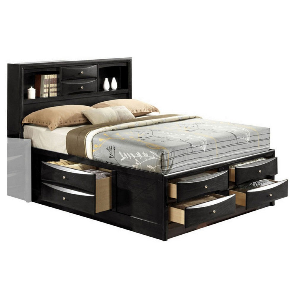 Panel Design Eastern King Size Bed with Bookcase and Drawers, Black By Casagear Home