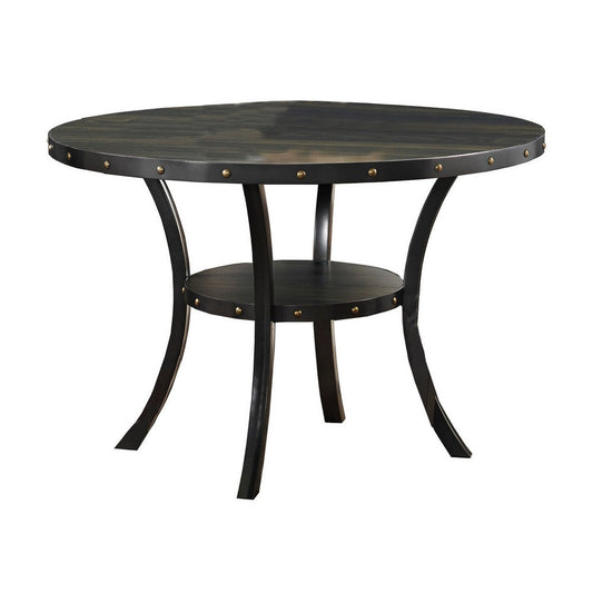 Wooden Round Dining Table with Open Shelf and Nailhead Trims, Black By Casagear Home