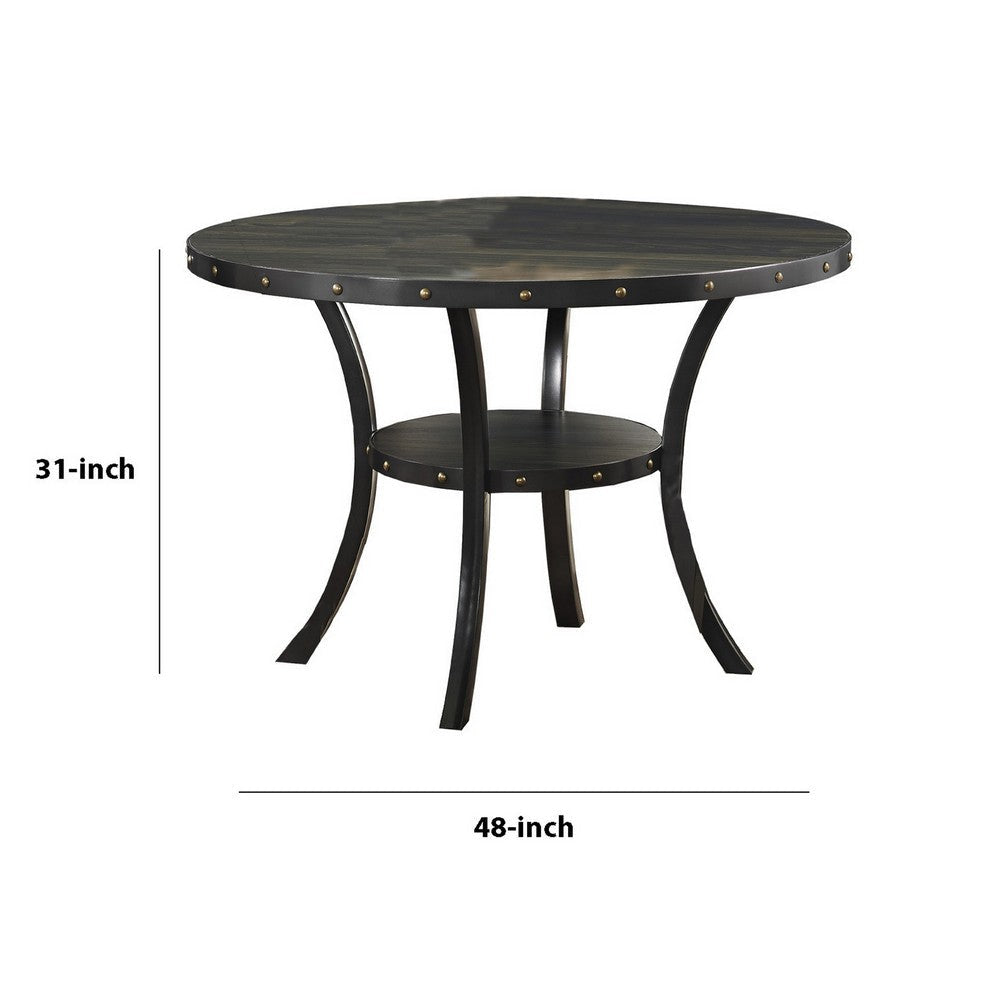 Wooden Round Dining Table with Open Shelf and Nailhead Trims Black By Casagear Home BM225834