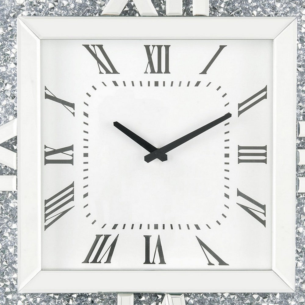 Square Mirror Panel Frame Wall Clock with Faux Diamond Silver By Casagear Home BM225868