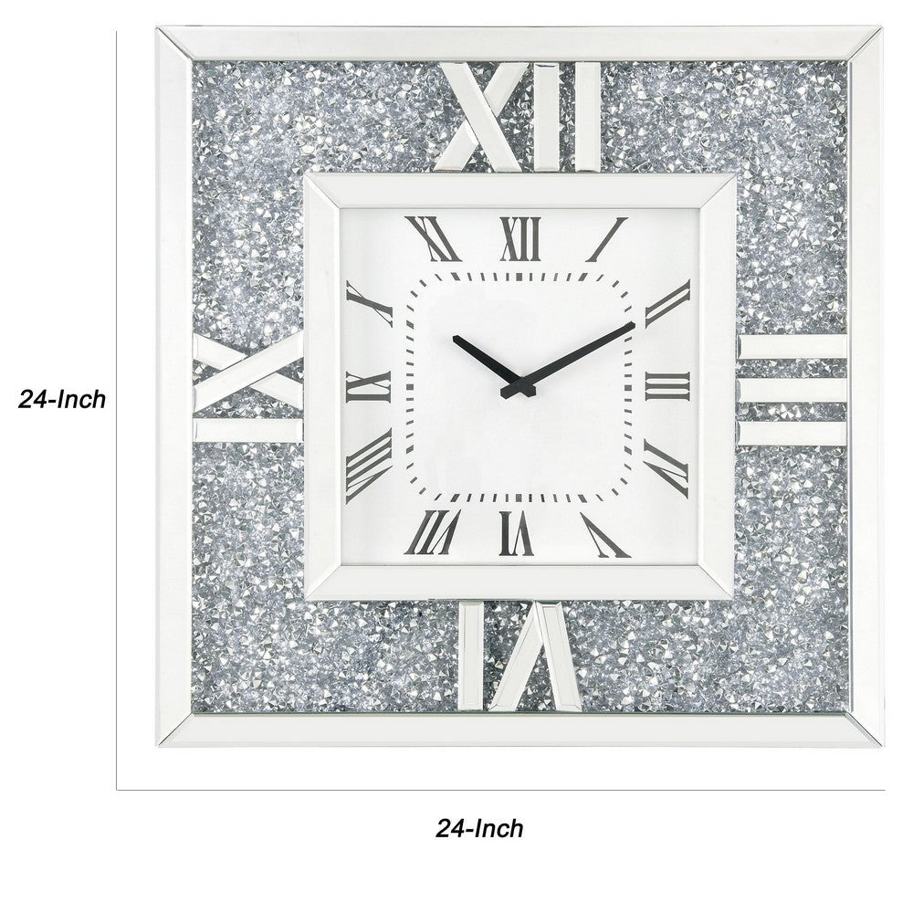 Square Mirror Panel Frame Wall Clock with Faux Diamond Silver By Casagear Home BM225868