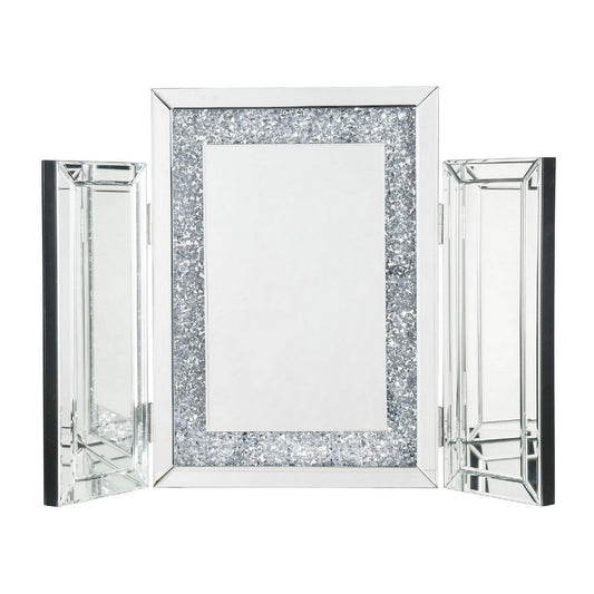 Tri Fold Mirror Panel Frame Accent Decor with Faux Diamond, Silver By Casagear Home