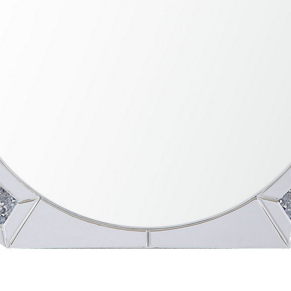 Round Mirror Panel Wall Decor with Light Function and Faux Diamond Silver By Casagear Home BM225874