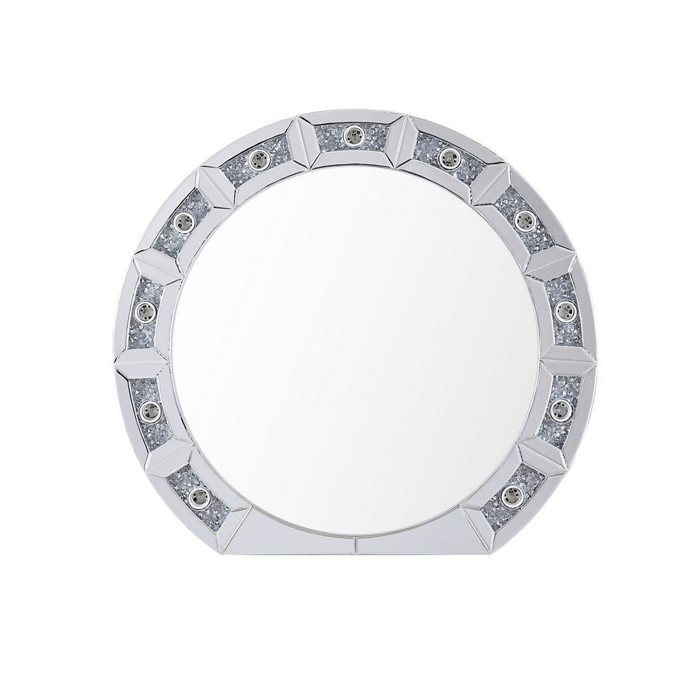 Round Mirror Panel Wall Decor with Light Function and Faux Diamond, Silver By Casagear Home