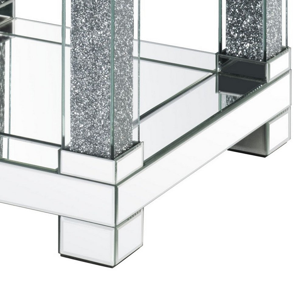 End Table with Faux Gemstone Accents and Mirrored Open Bottom Shelf Silver By Casagear Home BM225944