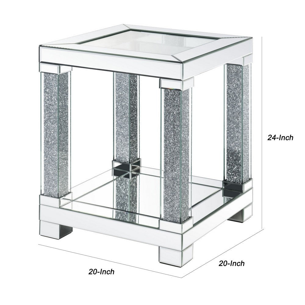 End Table with Faux Gemstone Accents and Mirrored Open Bottom Shelf Silver By Casagear Home BM225944